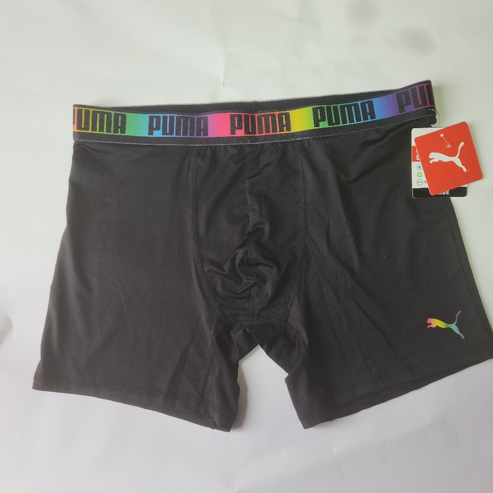 PUMA Pride Rainbow Striped Logo Front 5" Inseam Black Boxers Men's L